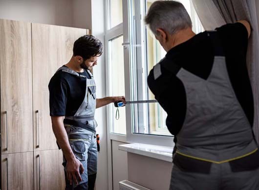 Two professional workers in uniform using tape measure while measuring window for installing blinds indoors. Construction and maintenance concept. Focus on young man. Horizontal shot