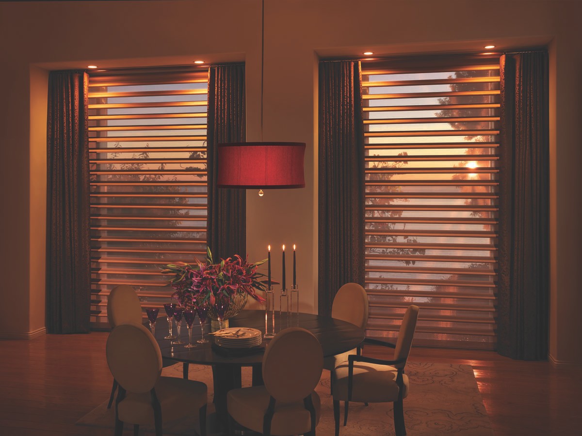 Dining room window treatments for homes near Pittsburgh, Pennsylvania (PA) including Pirouette Window Shades.
